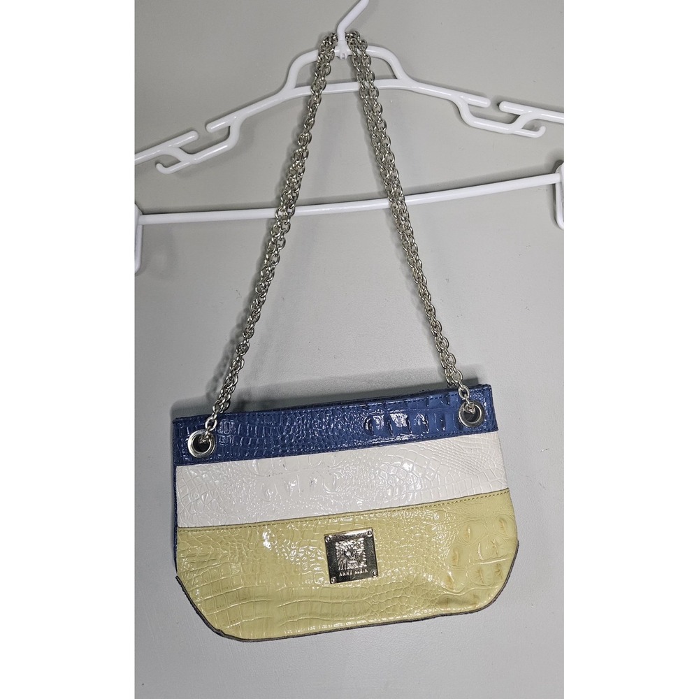 Anne Klein Croc Embossed Tri-Color Block Shoulder Bag Blue White Yellow Floral